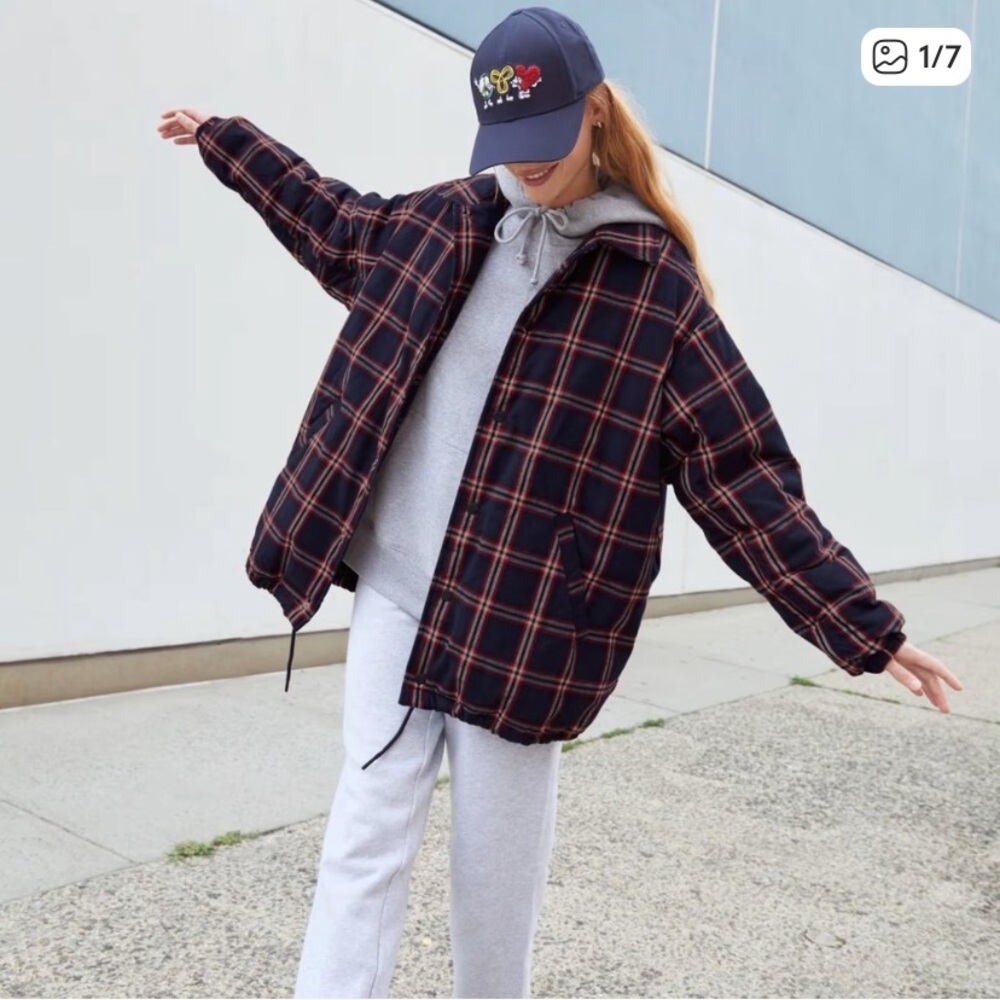 Aritzia Plaid Puffer Jacket in Black with Red Accent